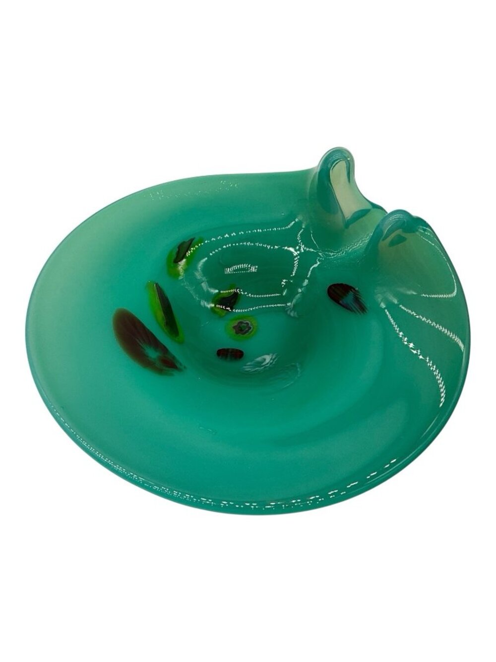 Murano Vintage Turquoise Glass Art Bowl Asymmetricak Shape Internal Millefiori